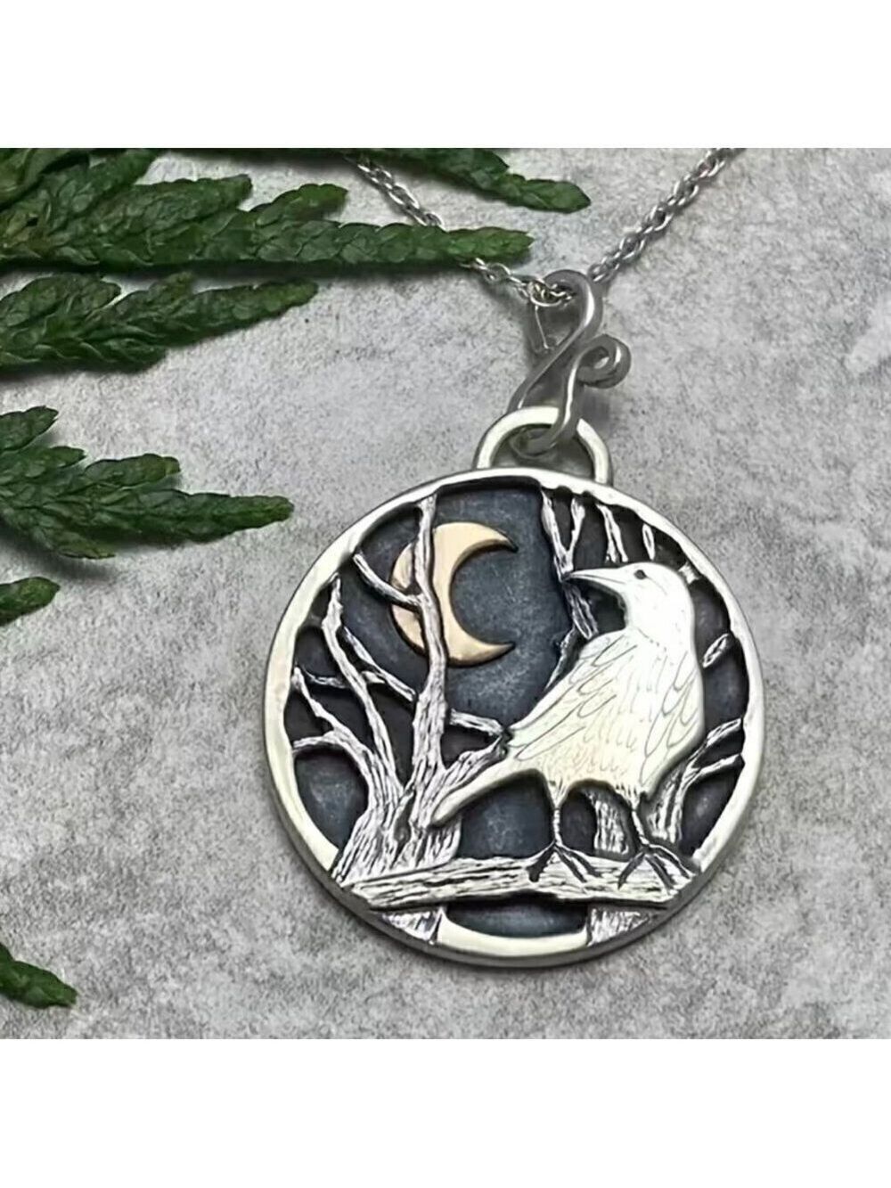 Large Raven with Crescent Moon Pendant and Necklace #1402